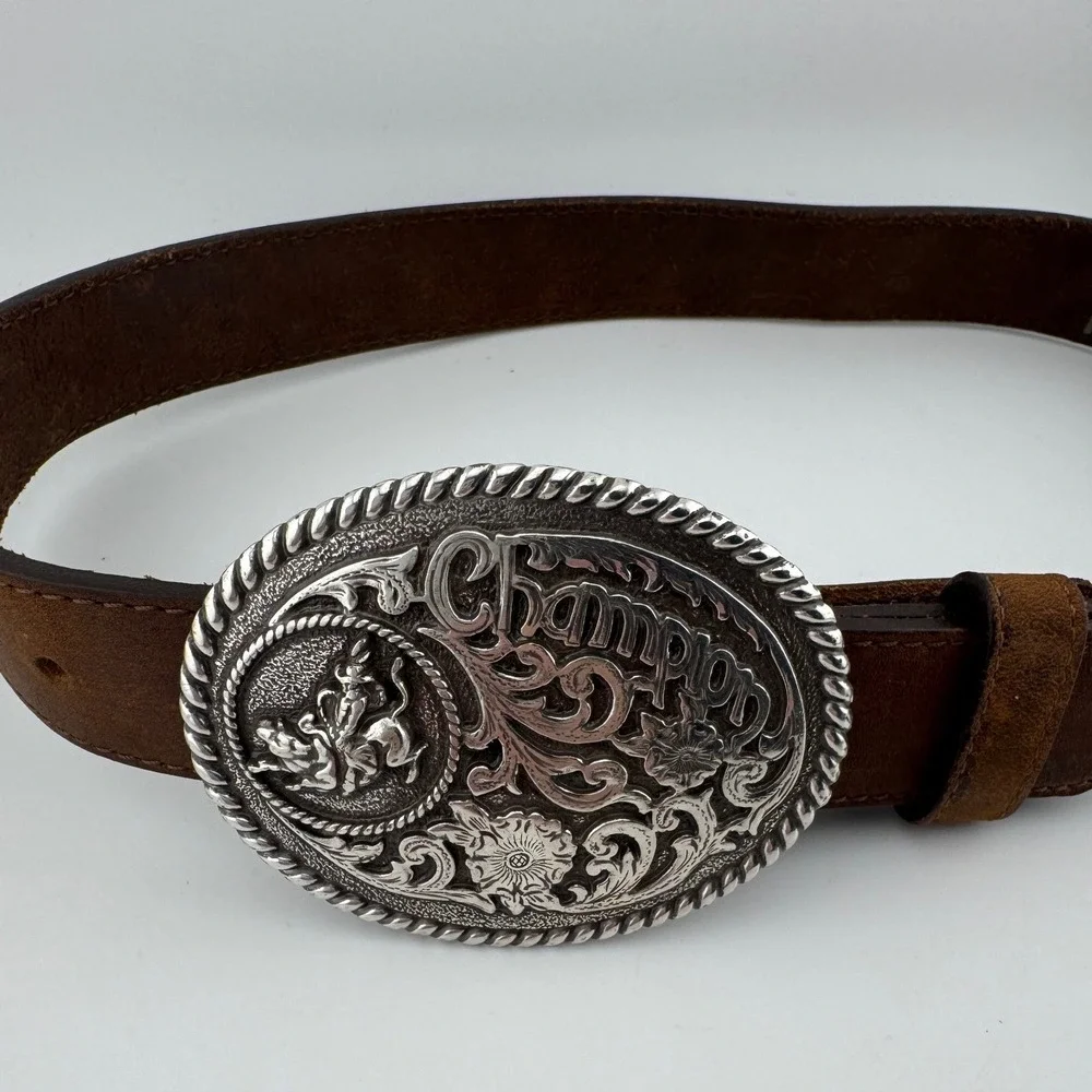 Justin‎ Mens Brown Top Grain Cowhide Leather Belt Champion Bull Rider Buckle 24